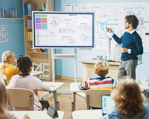 K-12 teacher using interactive whiteboard for students