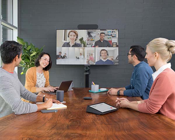 Business people using logitech equipment for video meeting
